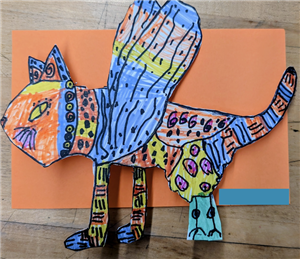 This image depicts a drawing of an Alebrije with neon colors and various patterns drawing within.